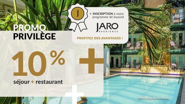 Promo Privilège : obtenez 10 % de rabais sur l’hébergement et le restaurant en vous abonnant au programme de fidélité, avec vue sur la magnifique piscine tropicale de l’Hôtel Plaza Québec. Offre pour une durée limitée.
